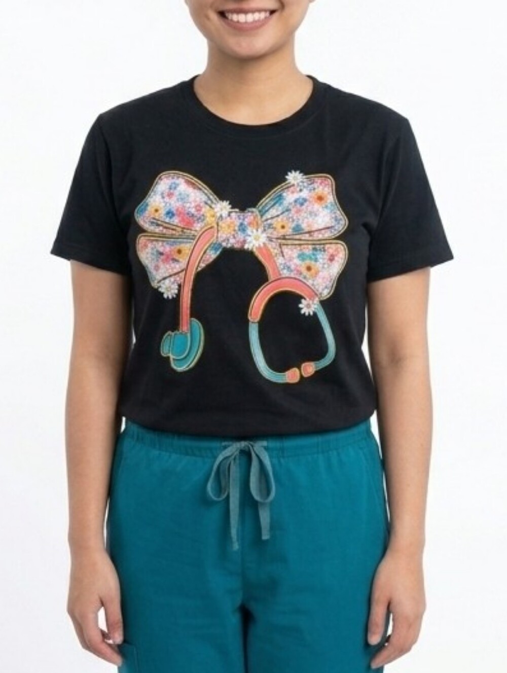 Black Short Sleeve Tee with Floral Bow Stethoscope Graphic Shirt Nurse Top NWOT